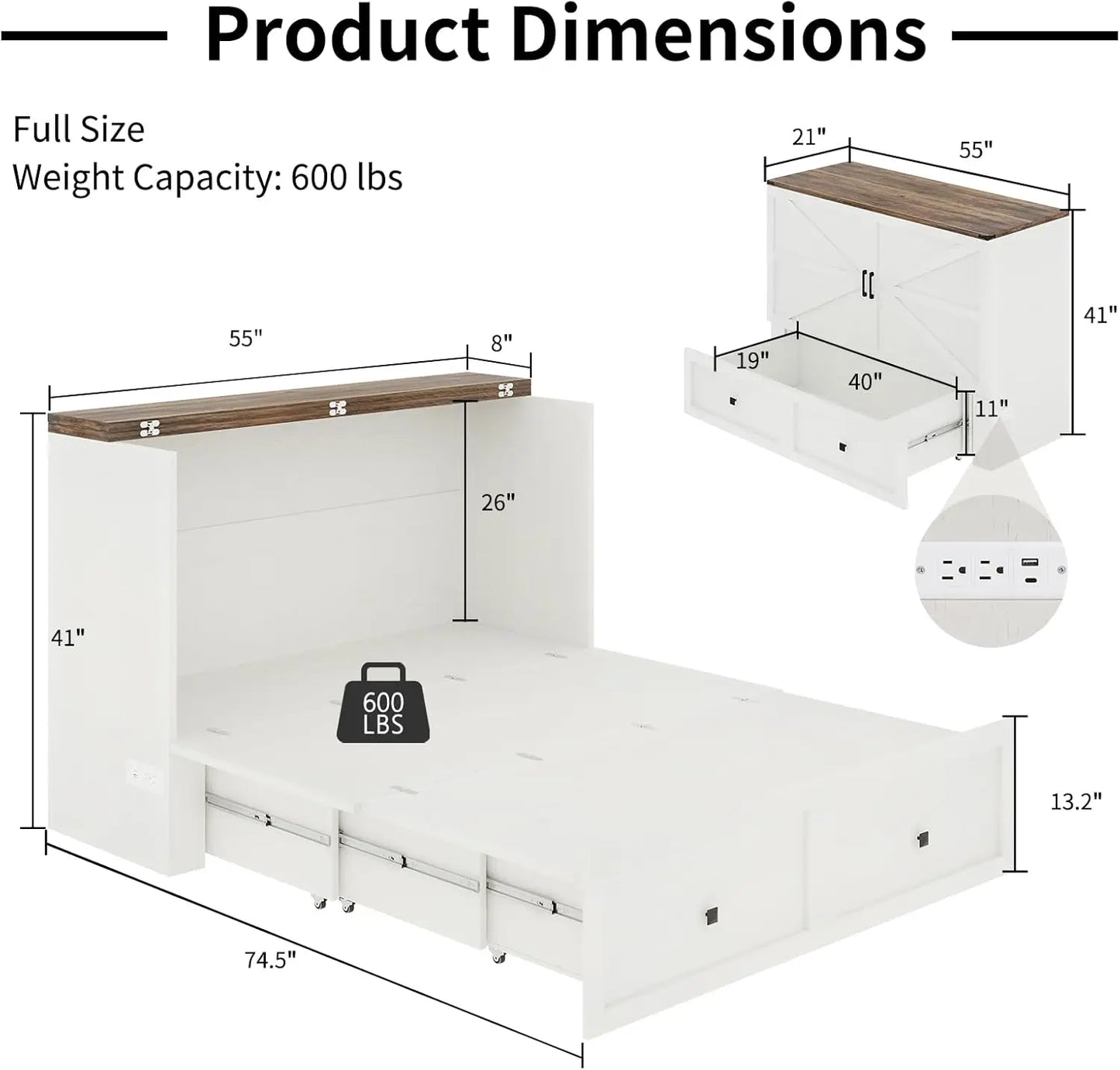 Full Size Murphy Bed, Cabinet Bed with Charging Station Large Storage Drawer for Home Office or Small Room, Hideaway Bed Full Fo