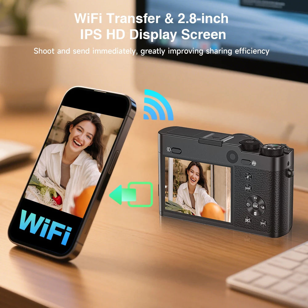 Digital Camera, 6X Optical Zoom & WiFi, 5K 30FPS 64MP Vlogging Camera, Rear & Front Cameras for Photography and Video, 64GB Card