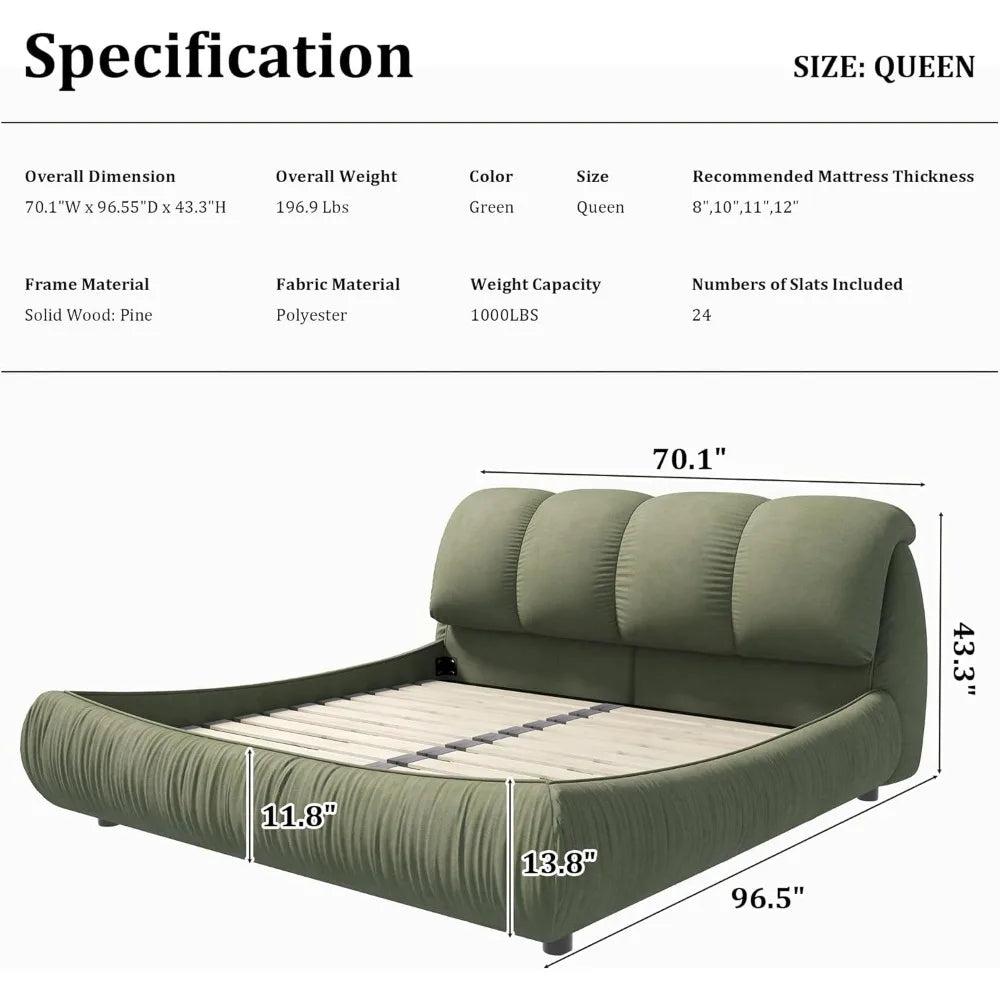 Deluxe king-size upholstered platform bed with upholstered backrest, soft-framed cloud bed, thickened pine slats, metal legs