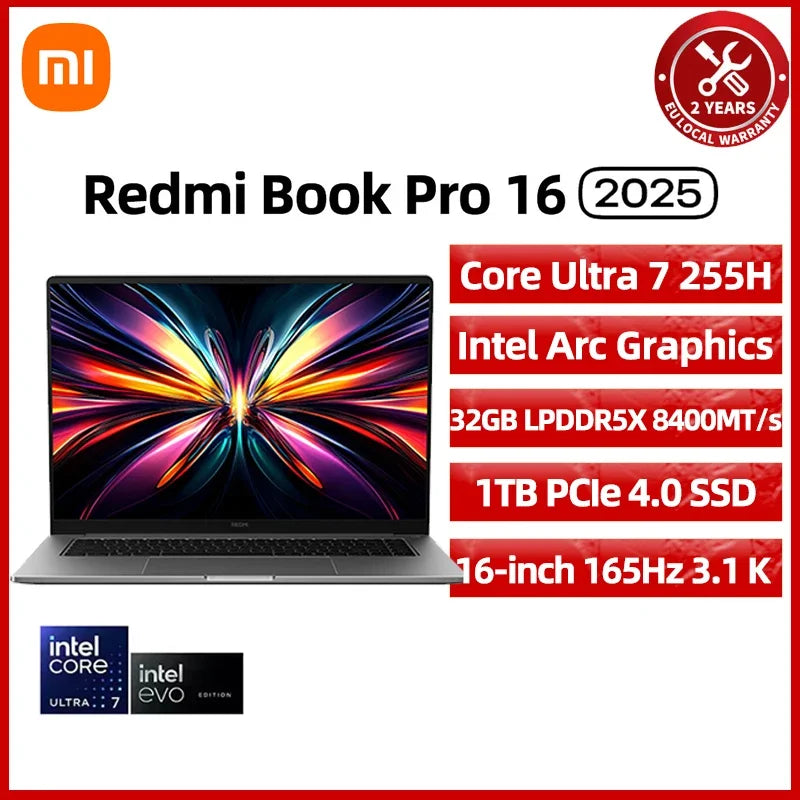 Xiaomi REDMI Book Pro 16 2025 Laptop Ultra 7 255H/Ultra 5225H Intel Arc Graphics 32GB LPDDR5X 1T SSD 16-inch 165 Hz 3.1K Screen