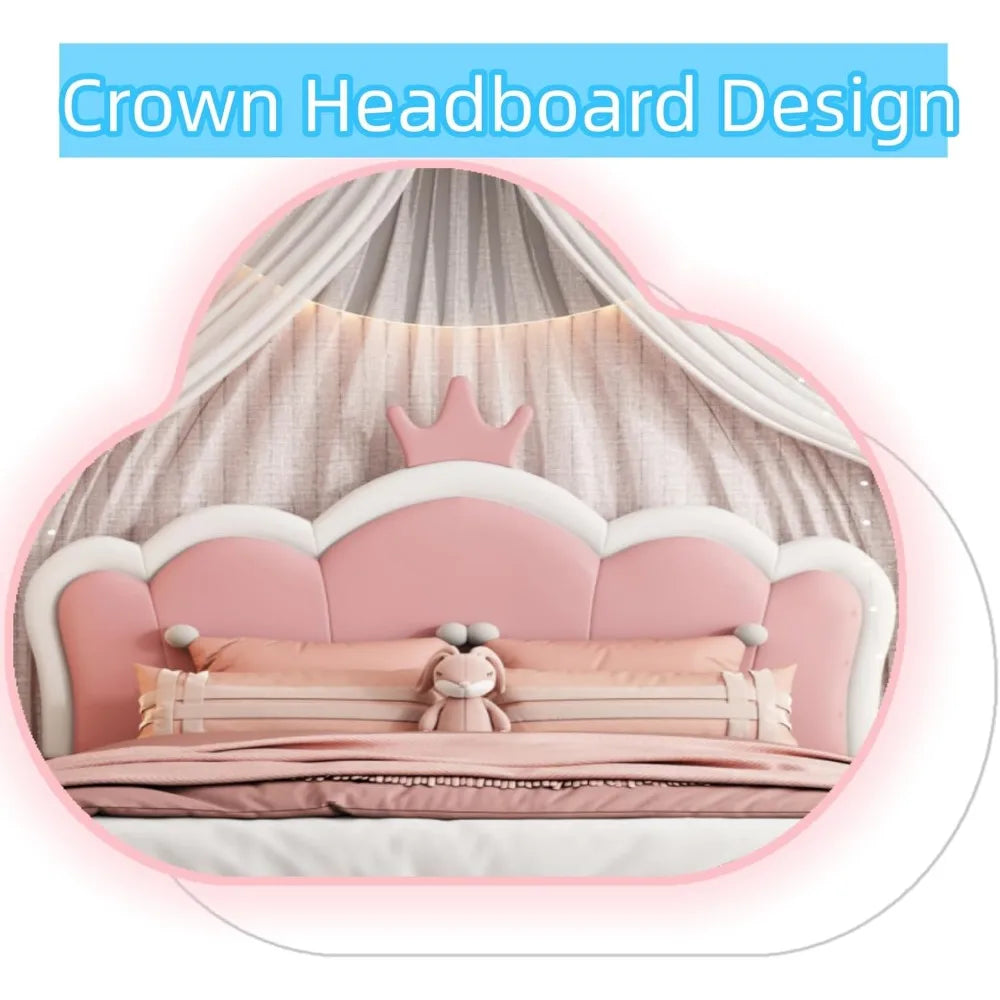 Full-Size Upholstered Princess Bed with Crown Headboard, Full Size Platform Bed with Headboard and Footboard Suitable for girls