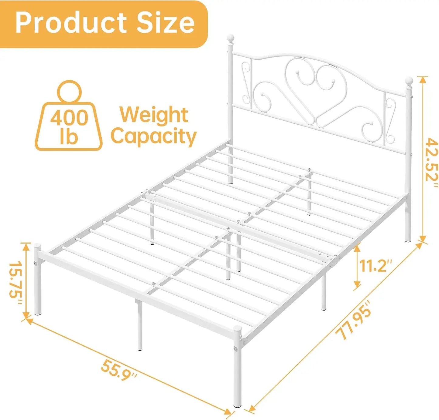 Full Size Bed Frame with Headboard, Heavy Duty Steel Slat Support Platform Under Bed Storage Space No Box Spring Needed, White