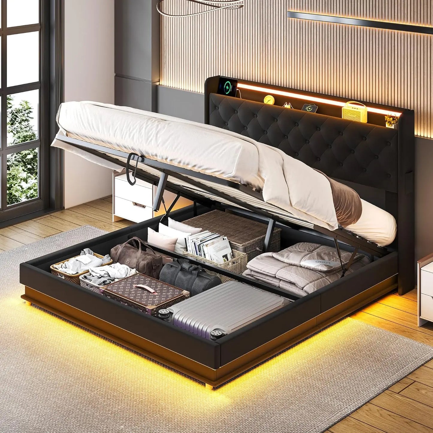 Bed Frame with Charging Station & Led Lights, Upholstered Platform Bed with Button Tufted Wingback Storage Headboard
