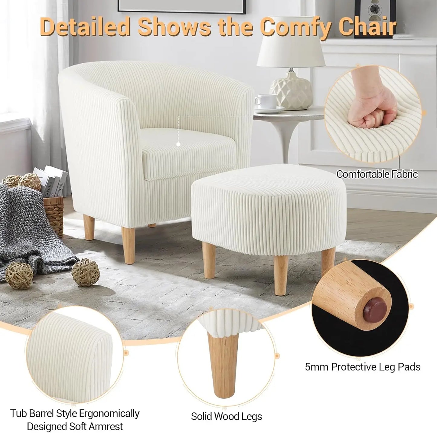 Accent Chair, Sherpa Chair White Fluffy Chair Teddy Barrel Chair with Ottoman Comfy ArmChair Footrest Set