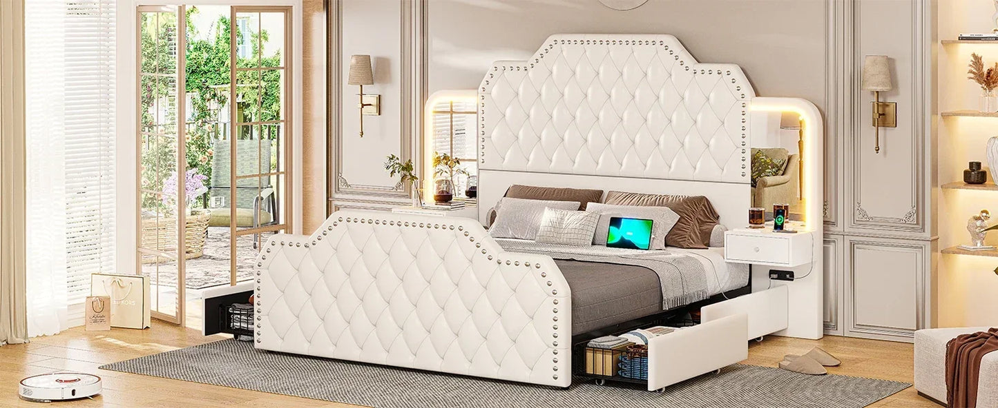 Queen Size 53” Tall Platform Bed Frame With 4 Storage Drawers Built in Charging Station & LED Bedroom Black Headboards Under Bed