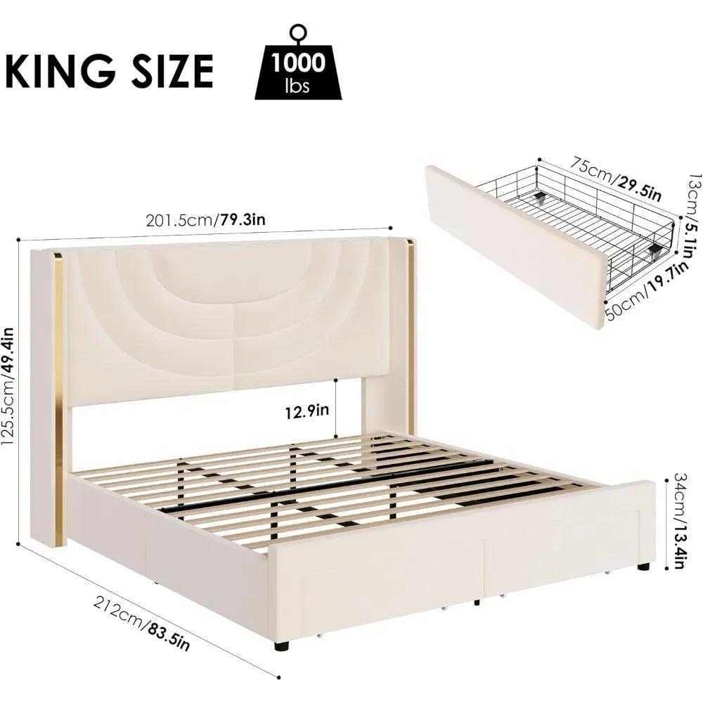 Queen Upholstered LED Bed Frame with 2 Storage Drawers, Velvet Platform Bed with Wingback Headboard, Solid Wooden Slats Support