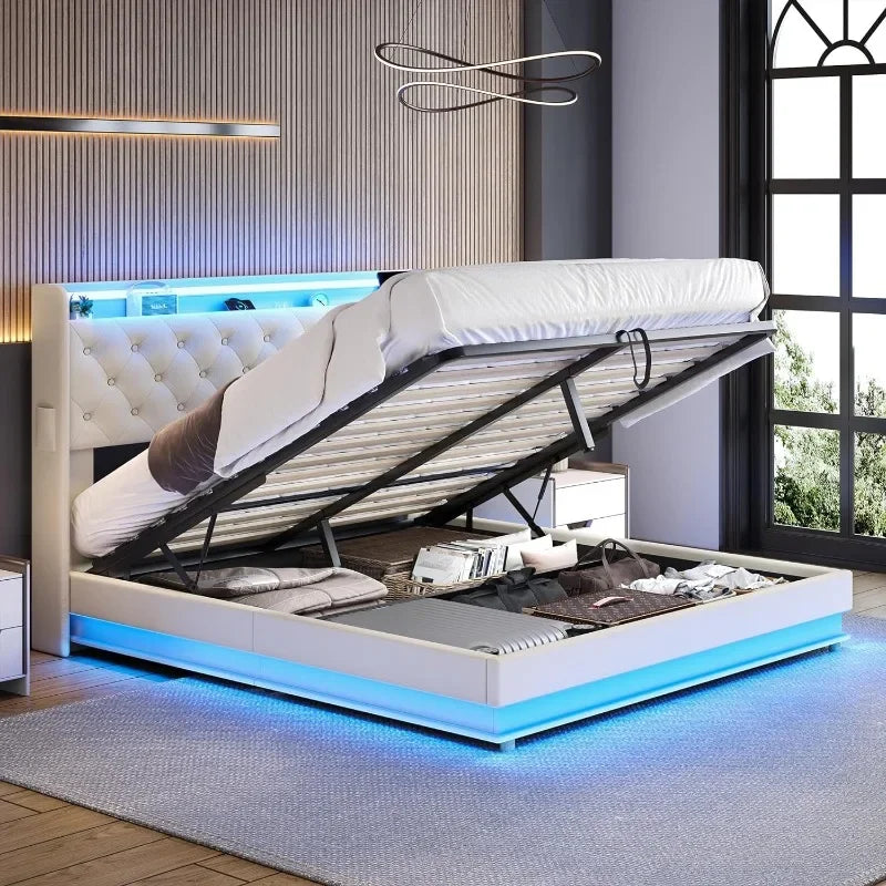 Bed Frame with Charging Station & Led Lights, Upholstered Platform Bed with Button Tufted Wingback Storage Headboard