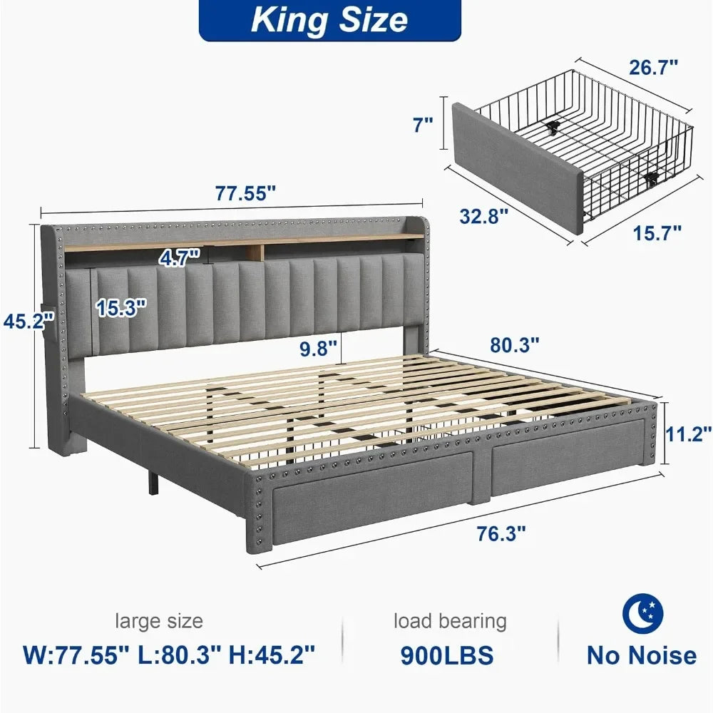 Queen Bed Frame with Headboard and Storage, Upholstered Queen Bed Frame with Storage, Queen Size Bed Frame with 2 Drawer