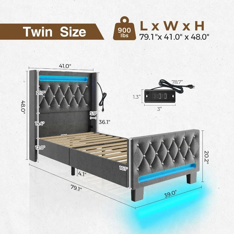 Double bed frame with LED lights and charging station, cushioned high headboard and footboard, wooden batten, no noise