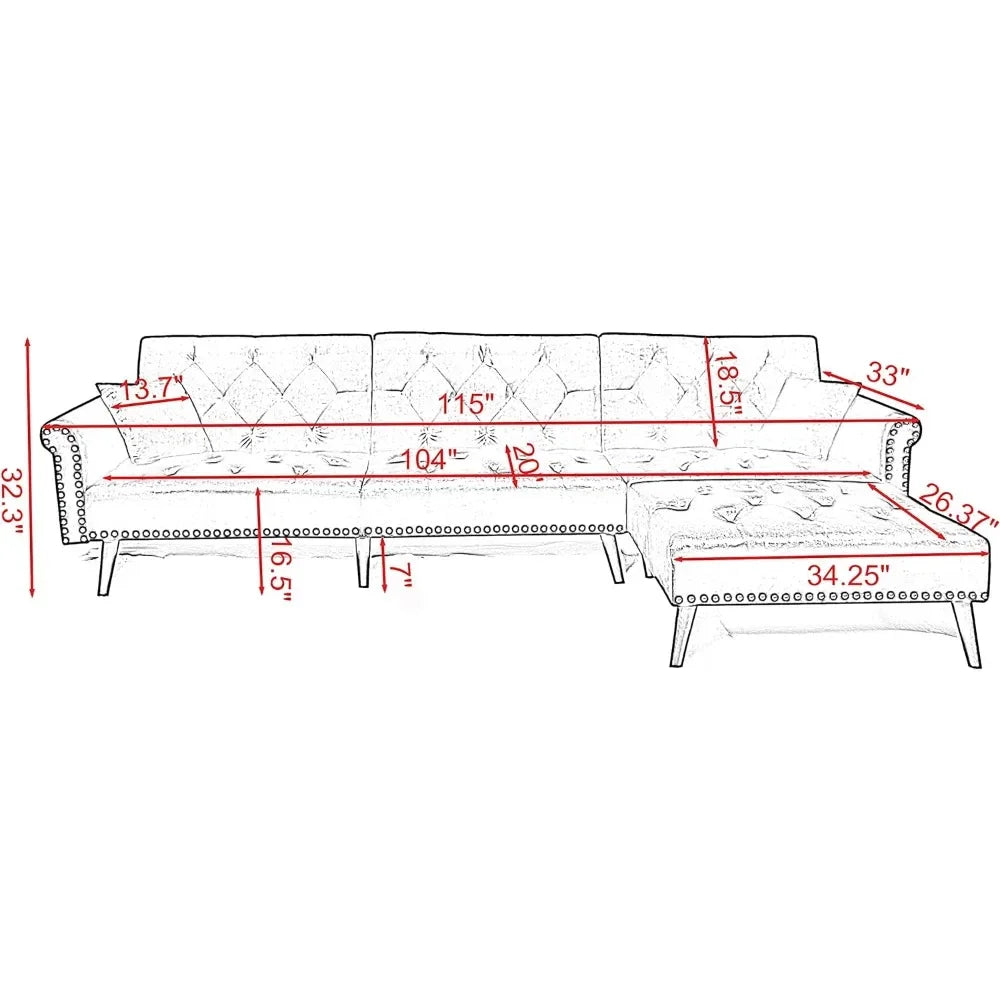 Sectional Sofa Right Hand Facing Velvet Button Tufted, L Shape Chaise with Nail Head Detail, Sofa