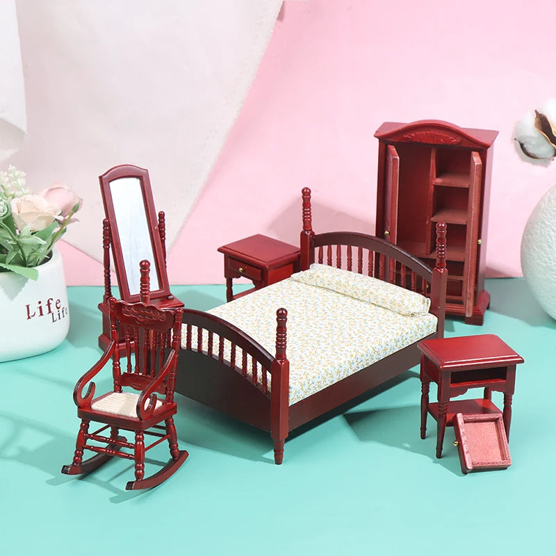 Beds & Furniture Bedroom Set Furniture Wooden Wardrobe for Bedroom Miniature Wardrobe Dolls Dollhouse Bedroom Bed Dresser