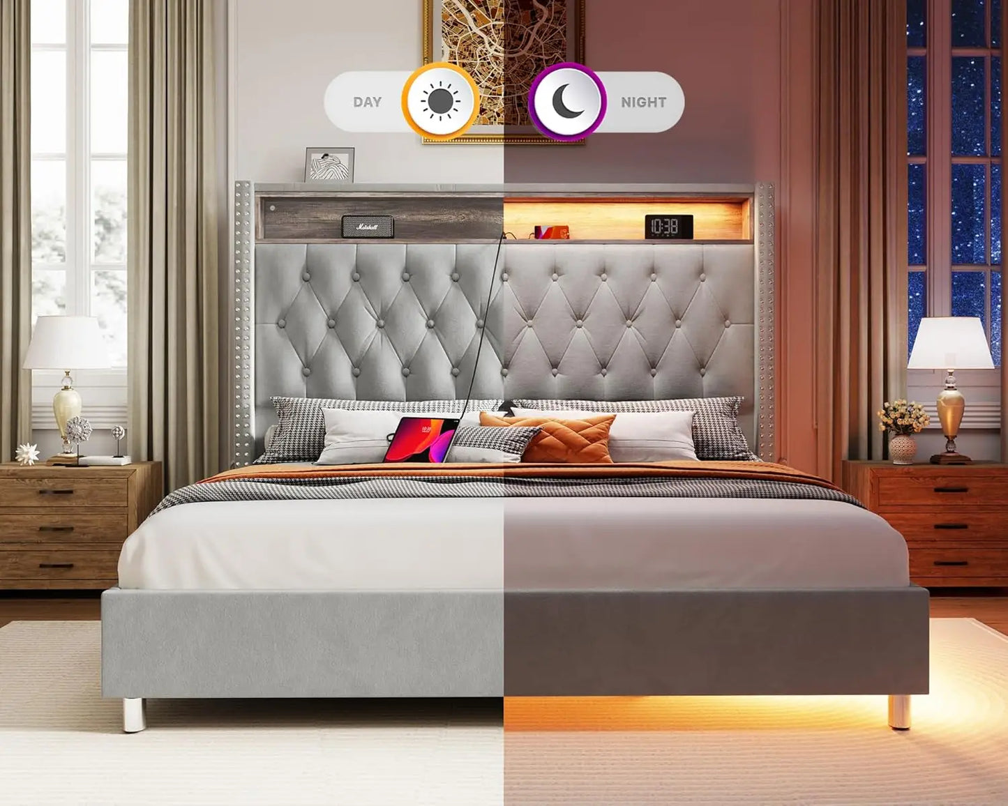 King Bed Frame with Headboard LED Lights and Charging Station, Velvet Tall Upholstered Platform Bed Storage No Box Spring Needed