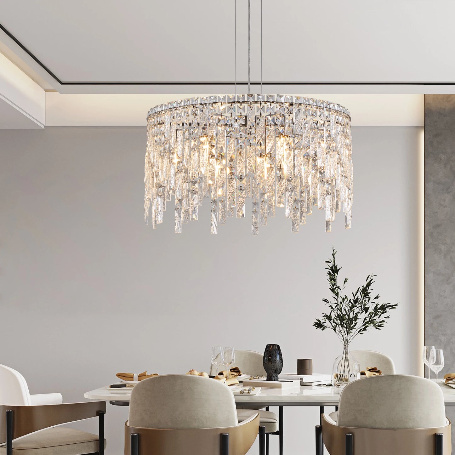 Chrome Elegant Crystal Chandelier Modern Ceiling Light Fixture with Reflective Hanging Crystals for Living Room and Foyers