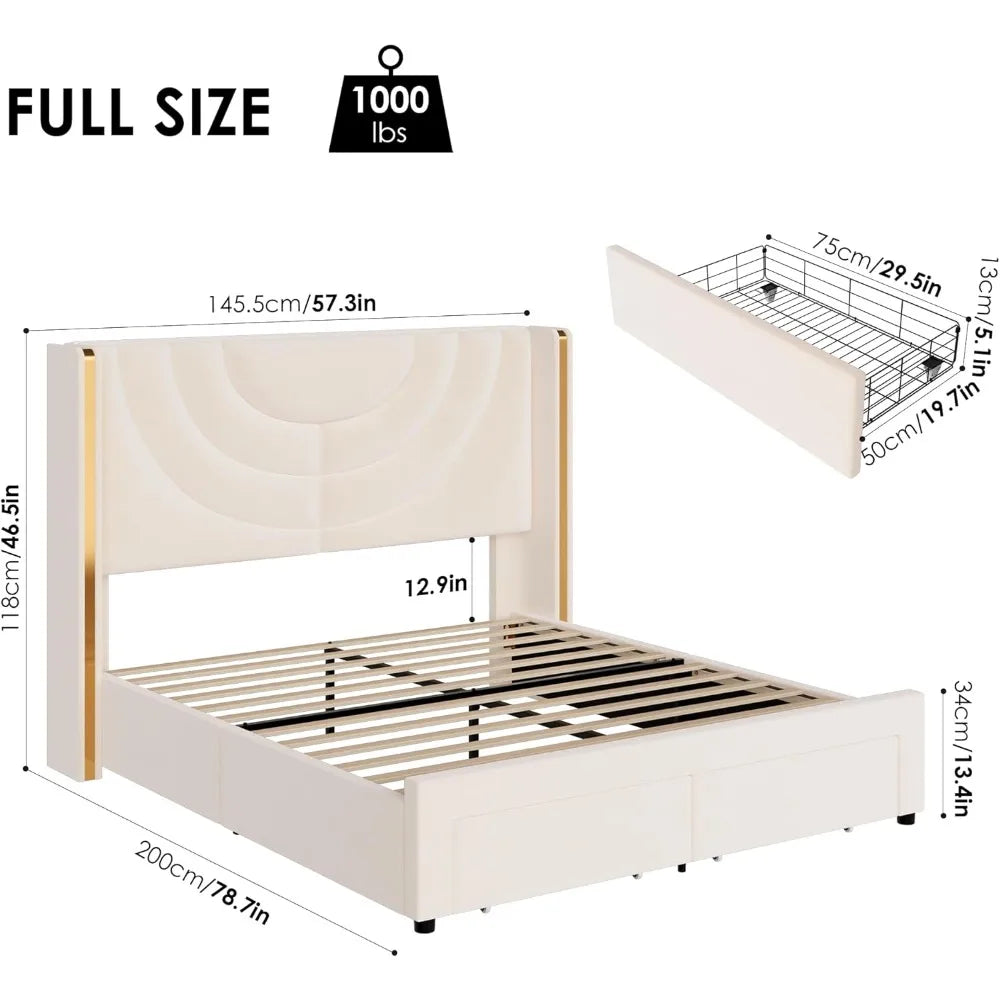 Queen Upholstered LED Bed Frame with 2 Storage Drawers, Velvet Platform Bed with Wingback Headboard, Solid Wooden Slats Support