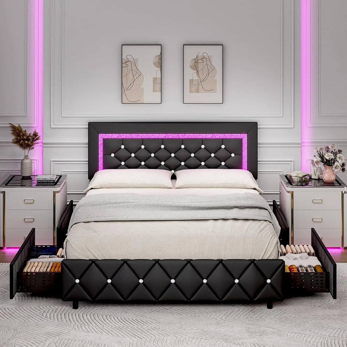 Queen Bed Frame with LED Lights, Upholstered Bed Frame with 4 Storage Drawers, Princess Platform Bed with Diamond Headboard