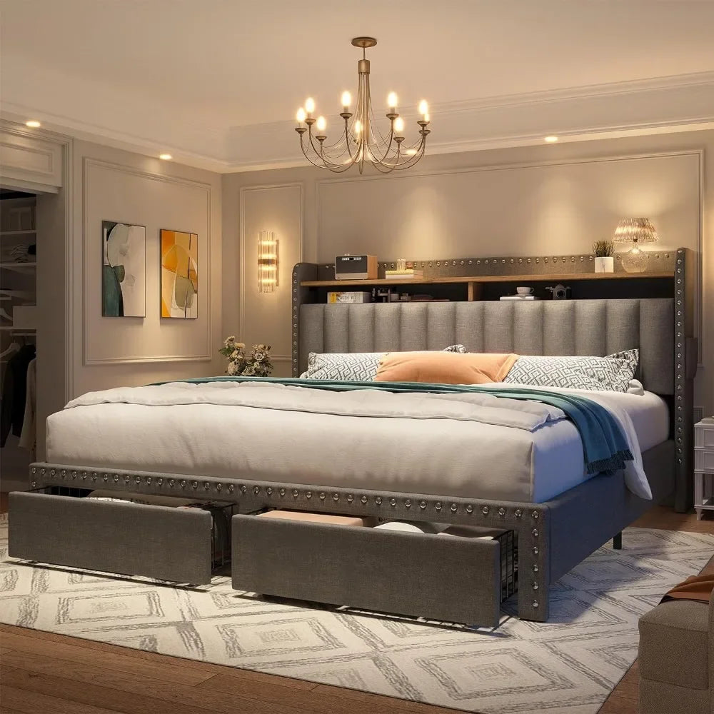 Queen Bed Frame with Headboard and Storage, Upholstered Queen Bed Frame with Storage, Queen Size Bed Frame with 2 Drawer