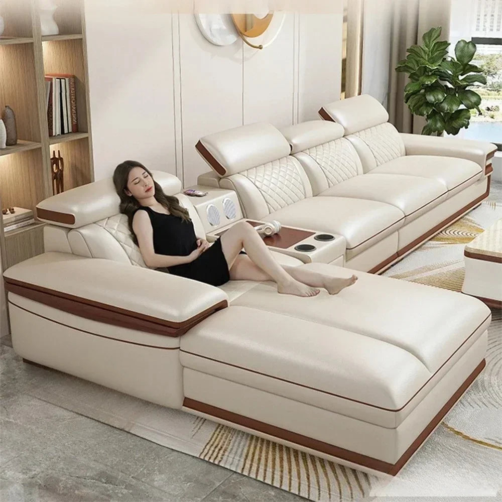 MINGDIBAO Premium Italian Genuine Leather Sofa Set for Living Room with Adjustable Headrests, Bluetooth Speaker, Wireless Charge