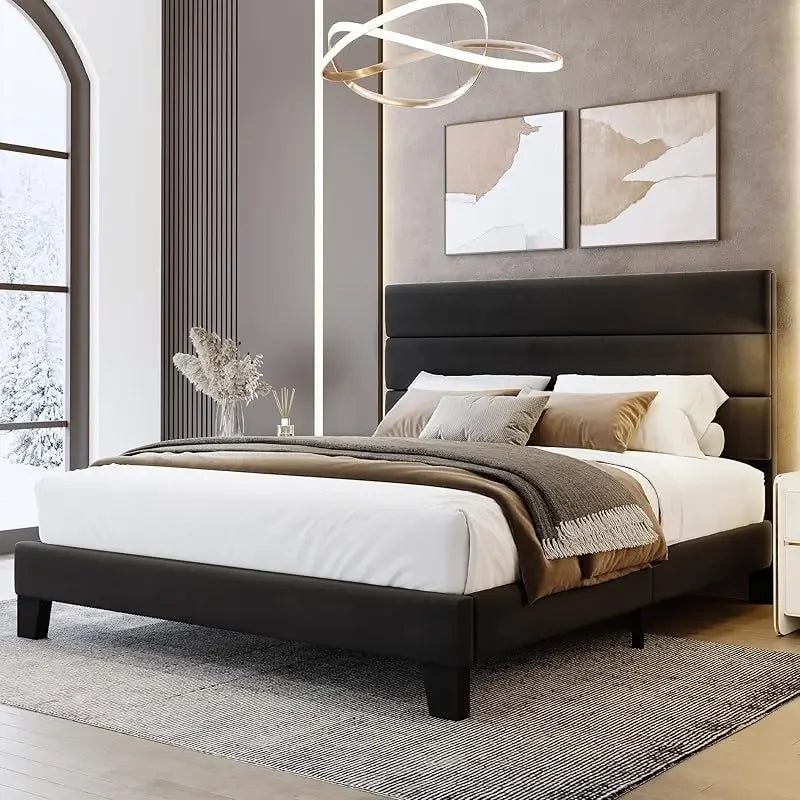 King Bed Frame Platform Bed,Linen Fabric Upholstered Headboard and Wooden Slats Support,Heavy Duty Mattress Foundation,Beige