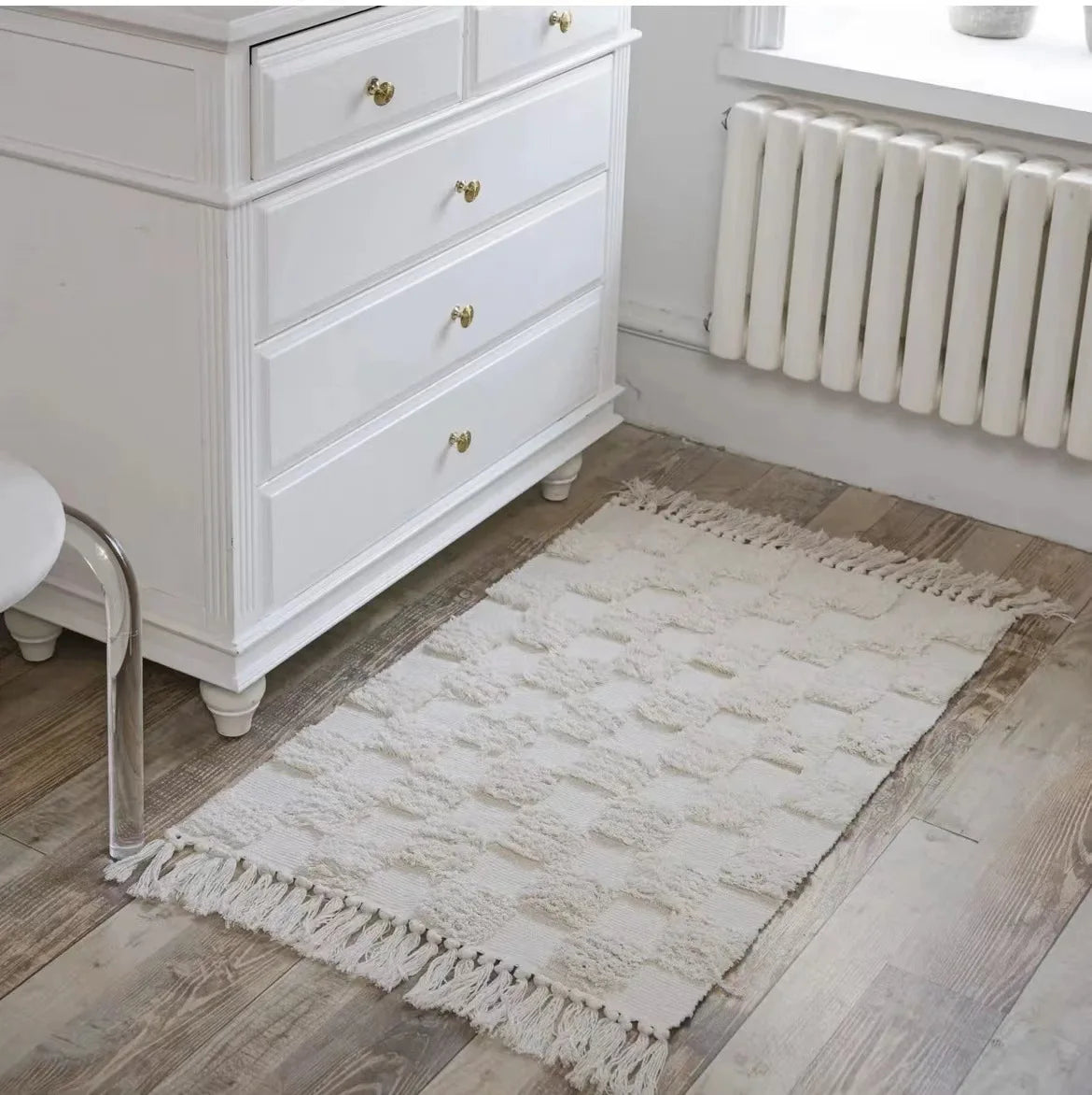 Vintage Nordic Style Cotton Linen Handmade Tassel Area Rug Checkerboard Tufted Floor Bedside Mat Living Room Bedroom Tapestry