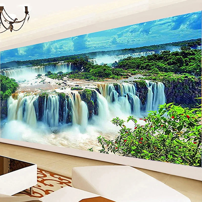 Frameless Modern Mountain Stream Waterfall Art Canvas Painting, Wall Landscape, Poster, Living Room, Bedroom, Home Decor