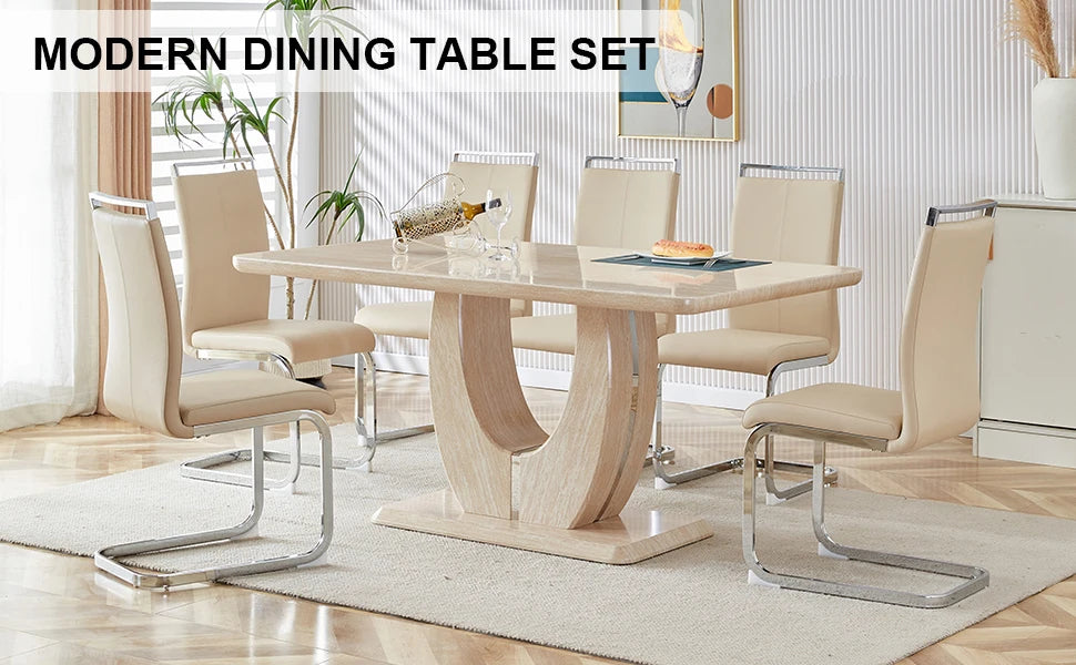 Modern wooden dining table set for 6 people with imitation marble top & 6 PU leather upholstered chairs,Wood grain beige