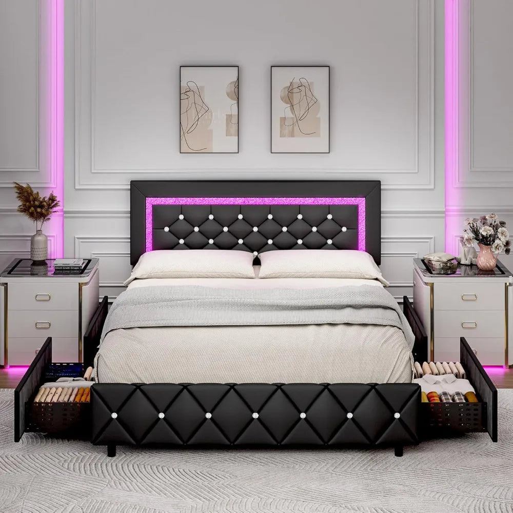 Queen Size Bed Frame with LED Lights, Upholstered Bed Frame with 4 Storage Drawers, with Diamond Headboard and Footboard