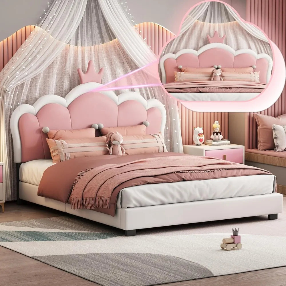 Full-Size Upholstered Princess Bed with Crown Headboard, Full Size Platform Bed with Headboard and Footboard Suitable for girls