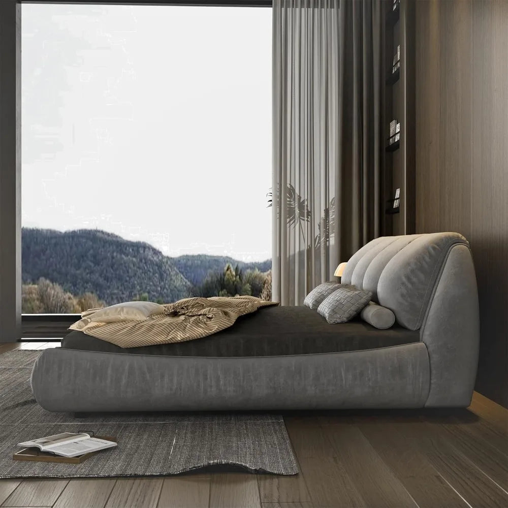 Deluxe king-size upholstered platform bed with upholstered backrest, soft-framed cloud bed, thickened pine slats, metal legs
