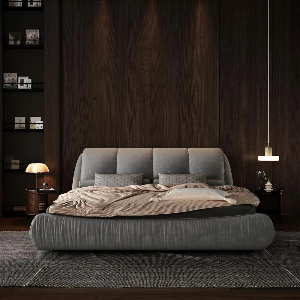 Deluxe king-size upholstered platform bed with upholstered backrest, soft-framed cloud bed, thickened pine slats, metal legs