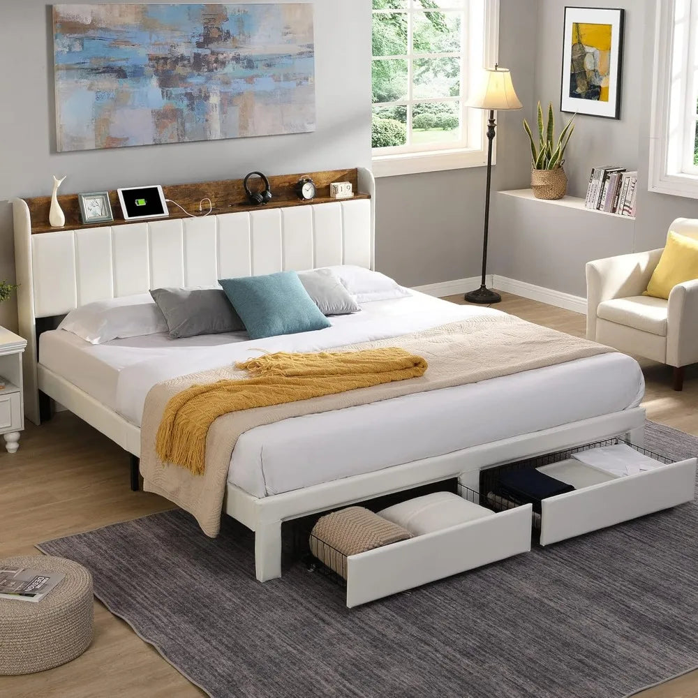 Upholstered Bed Frame Queen Size with Headboard with Storage Drawers & Charging Station,No Box Spring Needed/Heavy Duty