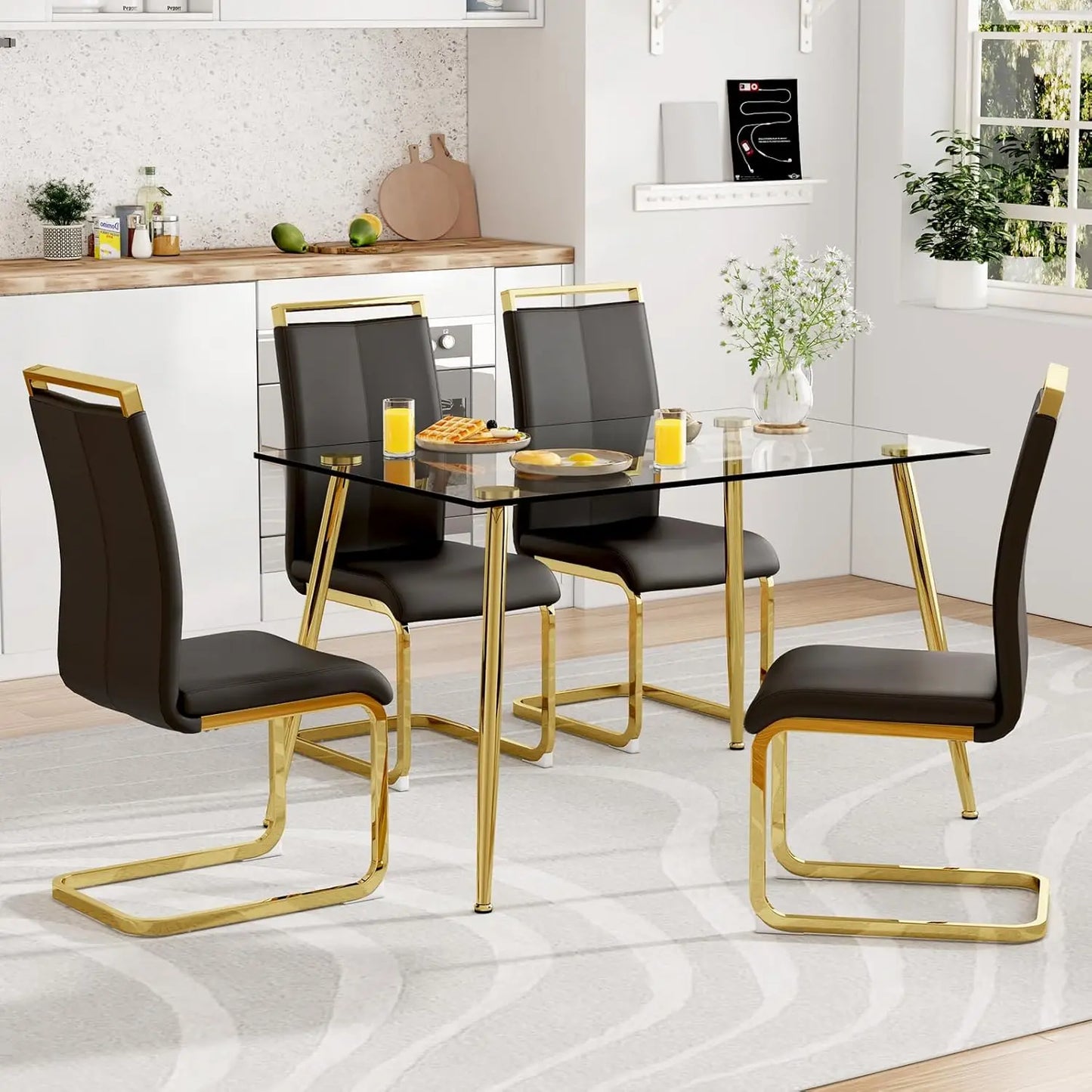 Glass Dining Table Set for 4,5 Piece Dining Table and Chairs Set,Modern Kitchen Dining Room Table with 4 Black PU Leather