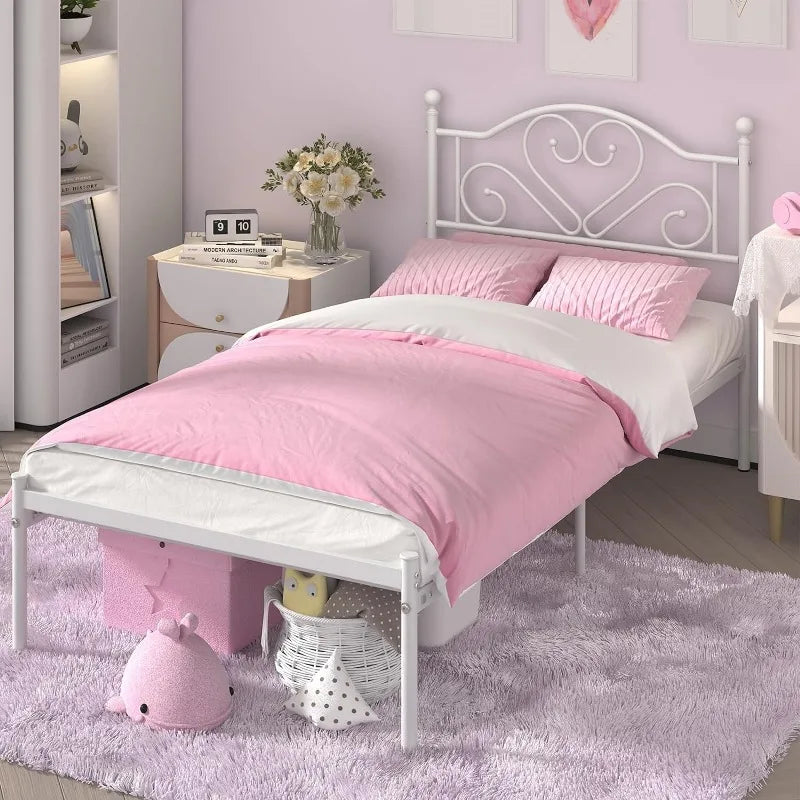 Full Size Bed Frame with Headboard, Heavy Duty Steel Slat Support Platform Under Bed Storage Space No Box Spring Needed, White
