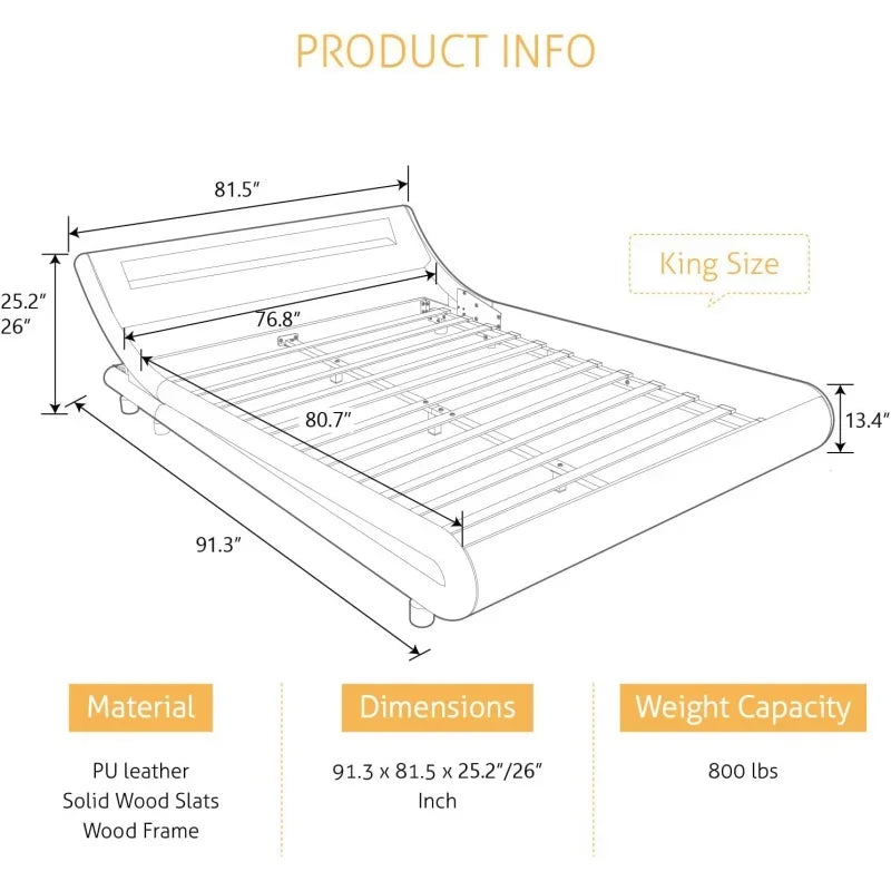 Deluxe Upholstered LED King Bed Frame with Adjustable Headboard - Low Profile Sleigh Design - Strong Wood Slats Support, No Box