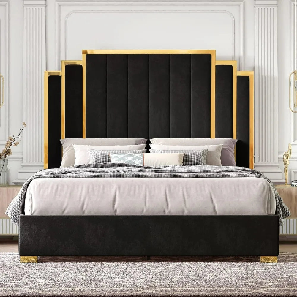 Queen Size Bed Frame and 61" Headboard, Upholstered Bed with Golden Plating Trim, Modern Platform Bed, Bed Bedroom Furniture
