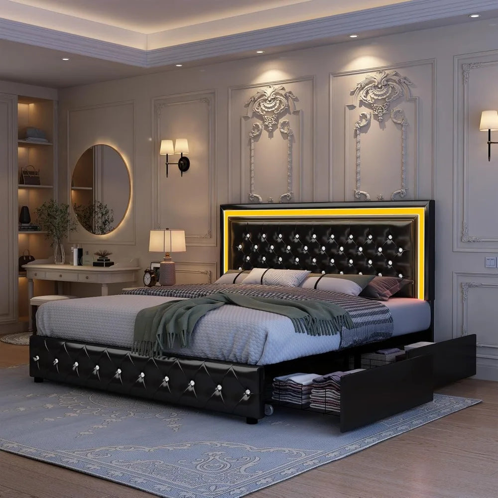 King Bed Frame with LED Lights, Storage Drawers, No Box Spring Needed, 900 lbs Capacity, Easy Assembly, bedroom furniture White