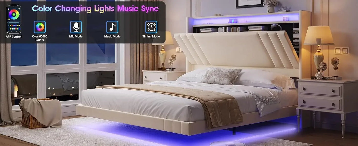 Floating Bed Frame, 50.8" Tall Headboard LED with Charging Station, Metal Platform Bed Frame, Upholstered Platform Beds Home