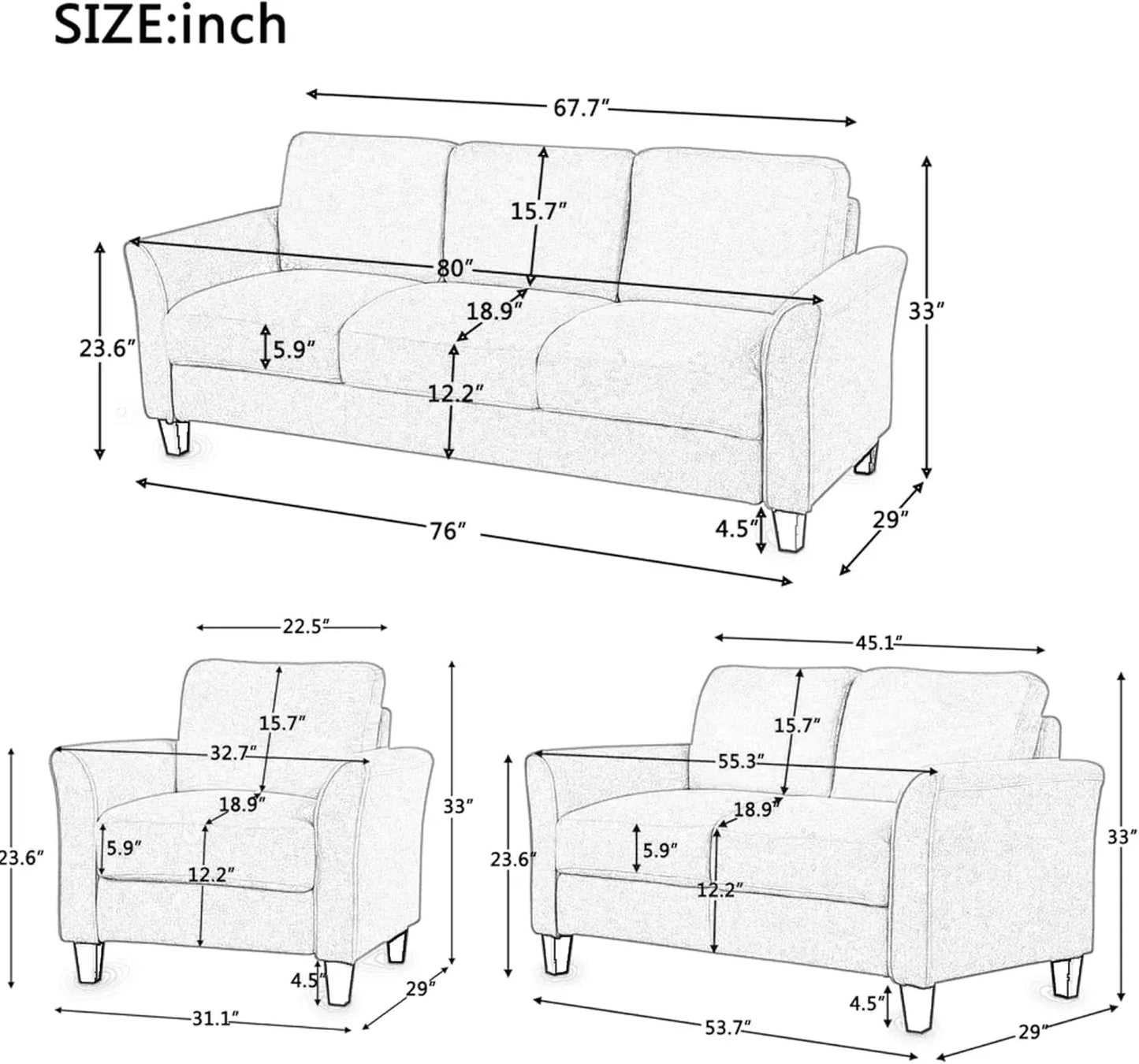 Sectional Sofa Sets, Modern Polyester Blend Sectional Couch Set with Sofa, Loveseat and Armchair, Living Room Furniture Sets