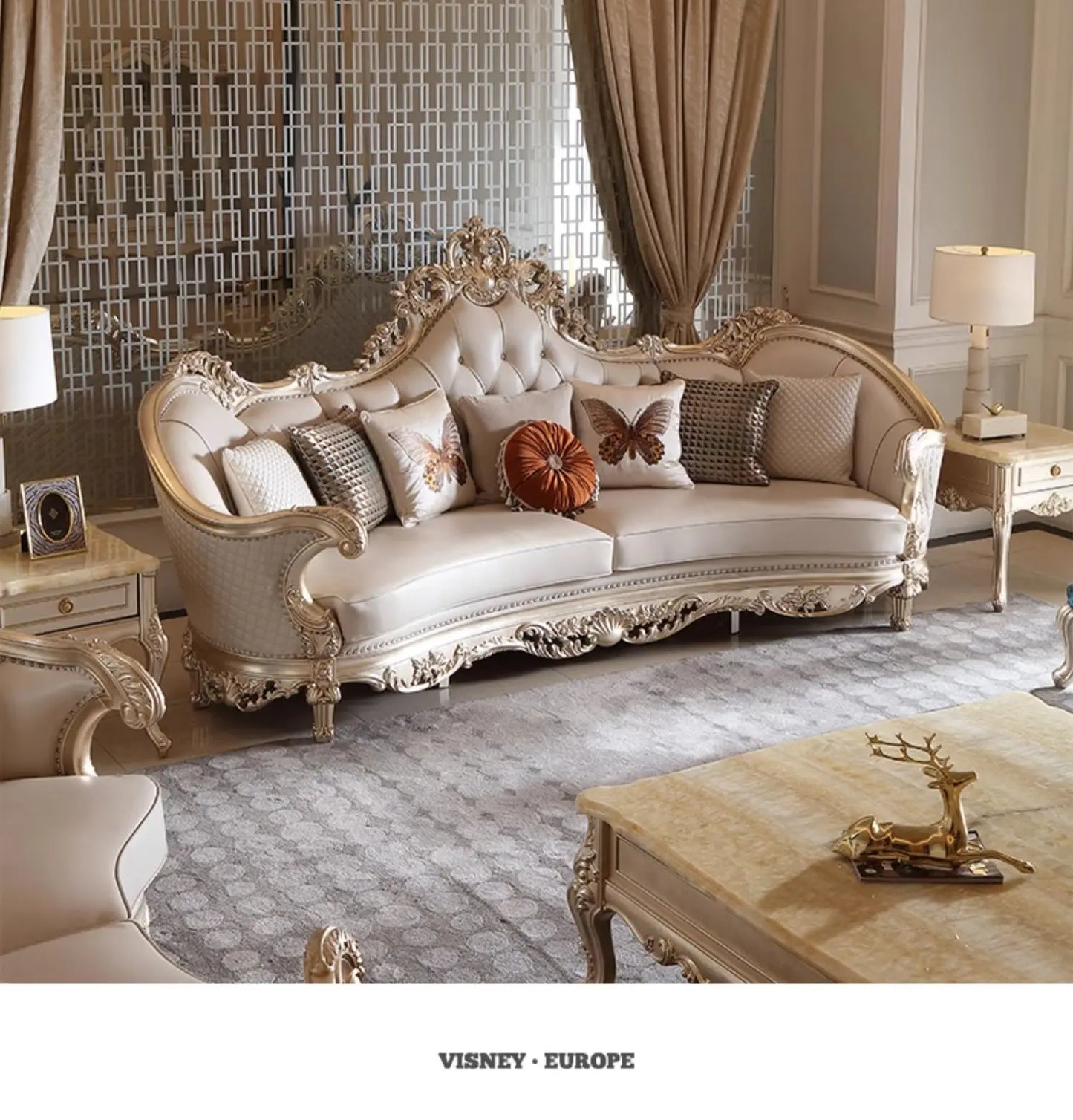 Leather Living Room Sofas Luxury European Beige Wooden Curved Modern Couch Double Lounge Designer Canape Salon Furniture