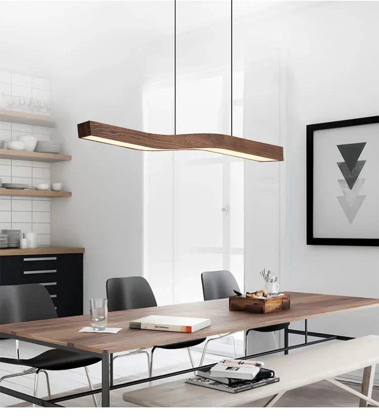Modern Walnut Led Long Pendant Lights for Kitchen Island Dining Room Study Room Hanging Lamp Ceiling Chandeliers Wood Wooden