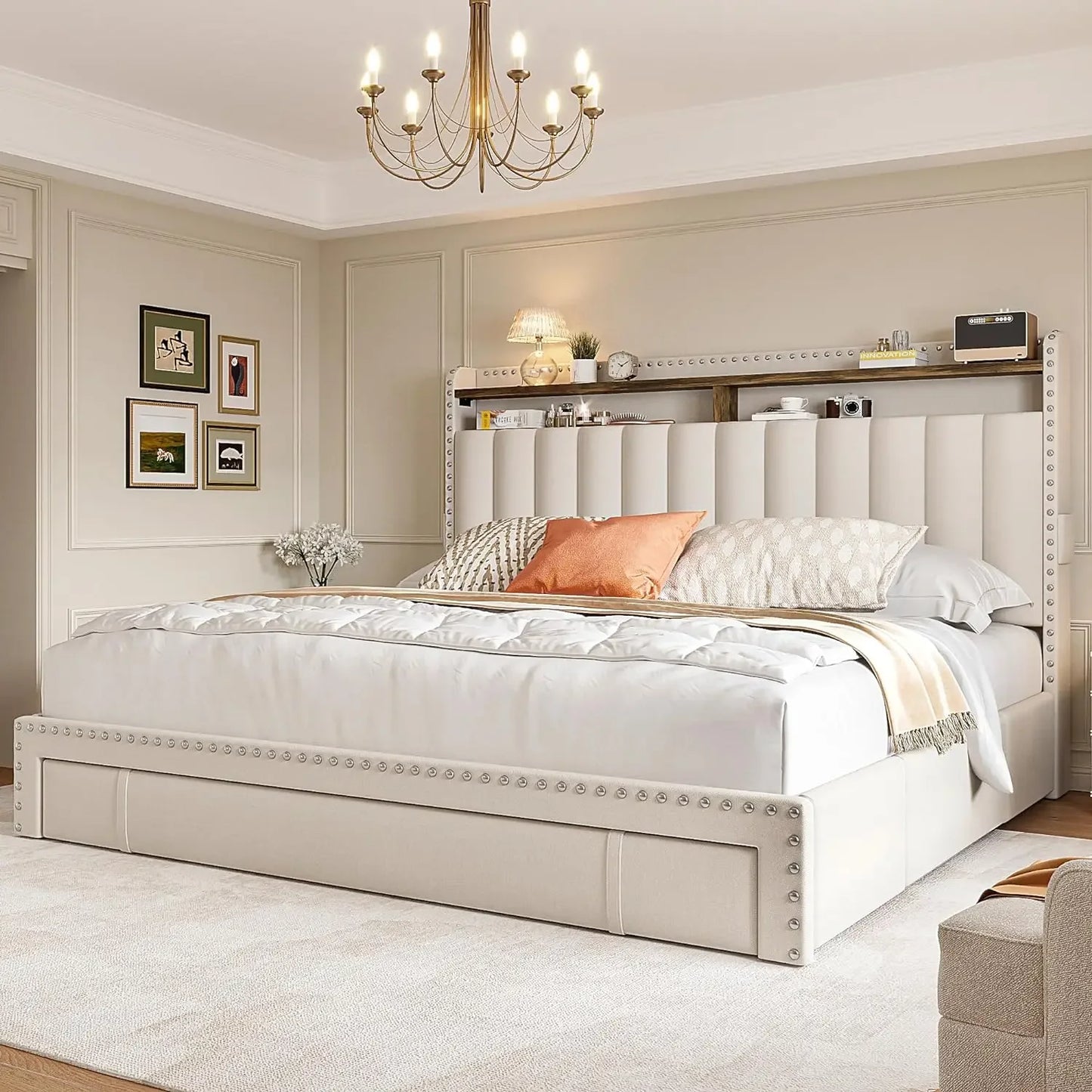 Bed Frame with 3 Drawers, Upholstered Queen, King and Full Size Bed Frame with Headboard and Storage, No-Noise, Easy Assembly