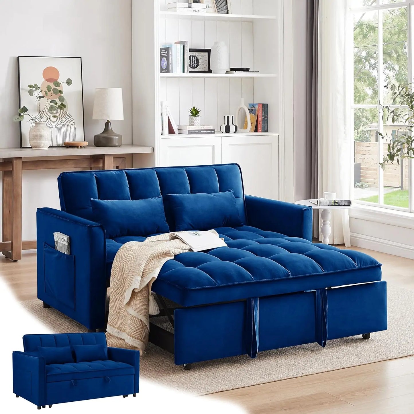 3 in 1 Pull Out Convertible Sofa Bed-Velvet Sleeper Sofa with 3Level Adjustable Backrest,Tufted Love Seat w/ 2Pockets & 2Pillows