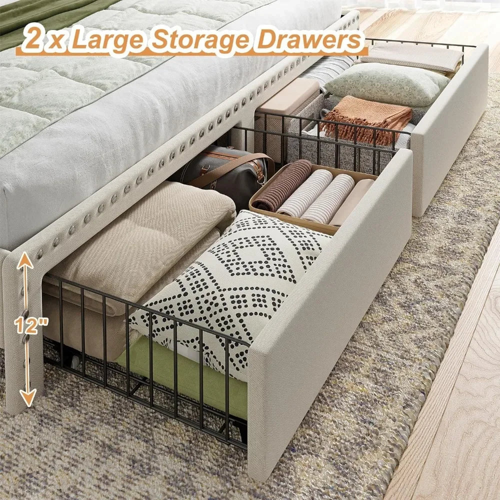 Queen Bed Frame with Headboard and Storage, Upholstered Queen Bed Frame with Storage, Queen Size Bed Frame with 2 Drawer