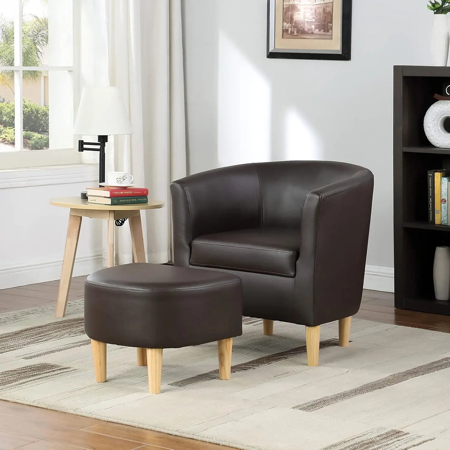 Accent Chair, Sherpa Chair White Fluffy Chair Teddy Barrel Chair with Ottoman Comfy ArmChair Footrest Set