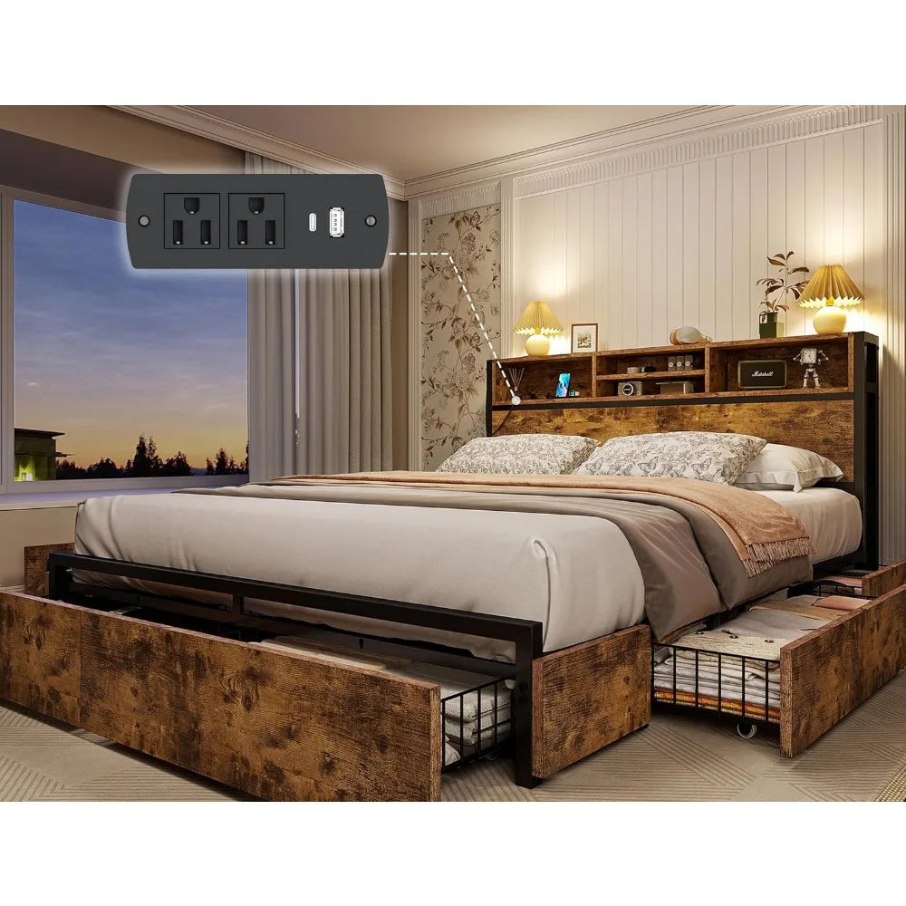 Queen Bed Frame with 6 Storage Drawers,Headboard,Charging Station & Storage No Noise,No Box Springs Needed,Vintage Brown.