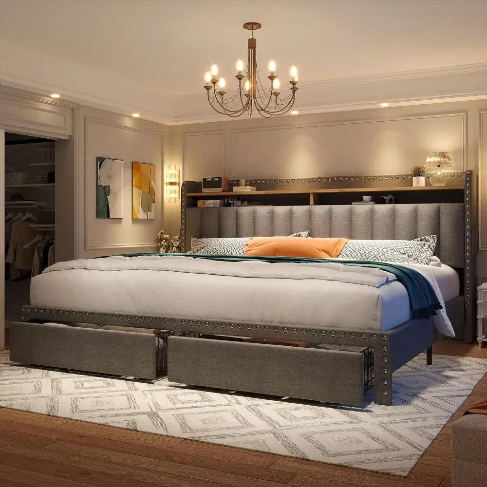 Queen Bed Frame with Headboard and Storage, Upholstered Queen Bed Frame with Storage, Queen Size Bed Frame with 2 Drawer