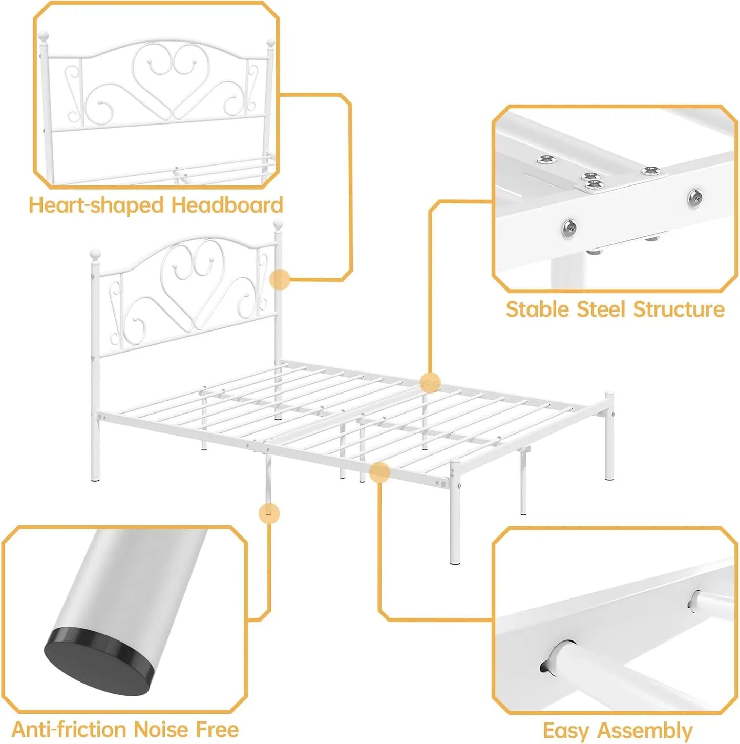Full Size Bed Frame with Headboard, Heavy Duty Steel Slat Support Platform Under Bed Storage Space No Box Spring Needed, White