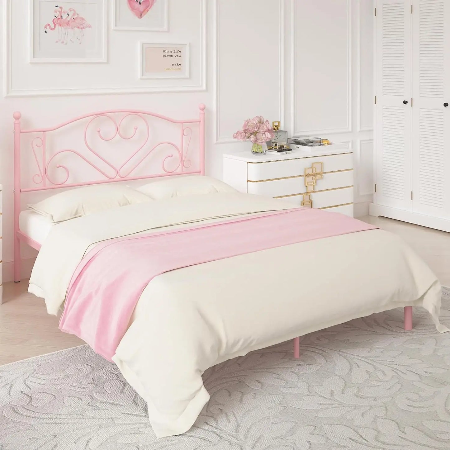 Full Size Bed Frame with Headboard, Heavy Duty Steel Slat Support Platform Under Bed Storage Space No Box Spring Needed, White
