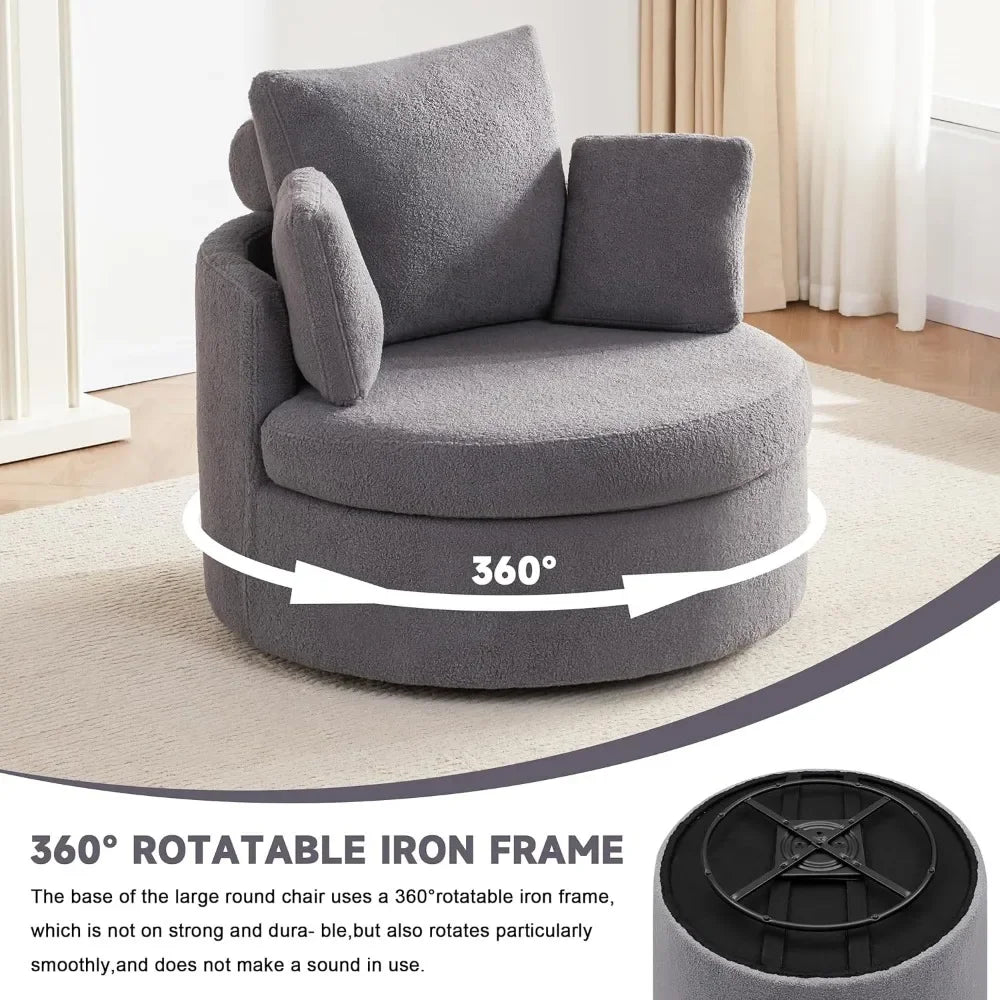 Round Oversized Swivel Barrel Chair with Base Storage for Living Room, 360°Modern Swivel Accent Chair with 3 Pillows for Home