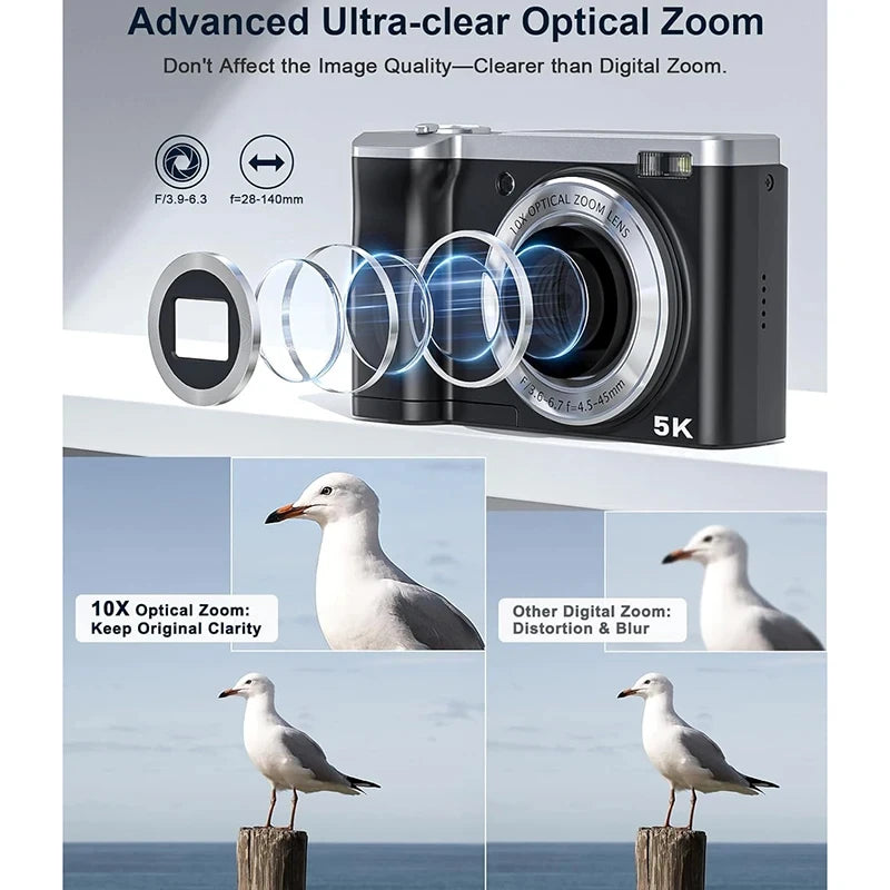 5K Digital Cameras Professional Camcorder 10X Optical Zoom 56MP Front and Rear Camera Ultra Bright Flash Camera Household Camera