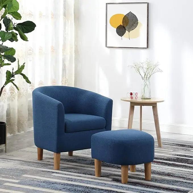 Mid Century Modern Barrel Comfy Fabric Armchair and Footrest Set, Upholstered Club Tub Round Arms Chair for Living Room Bedroom